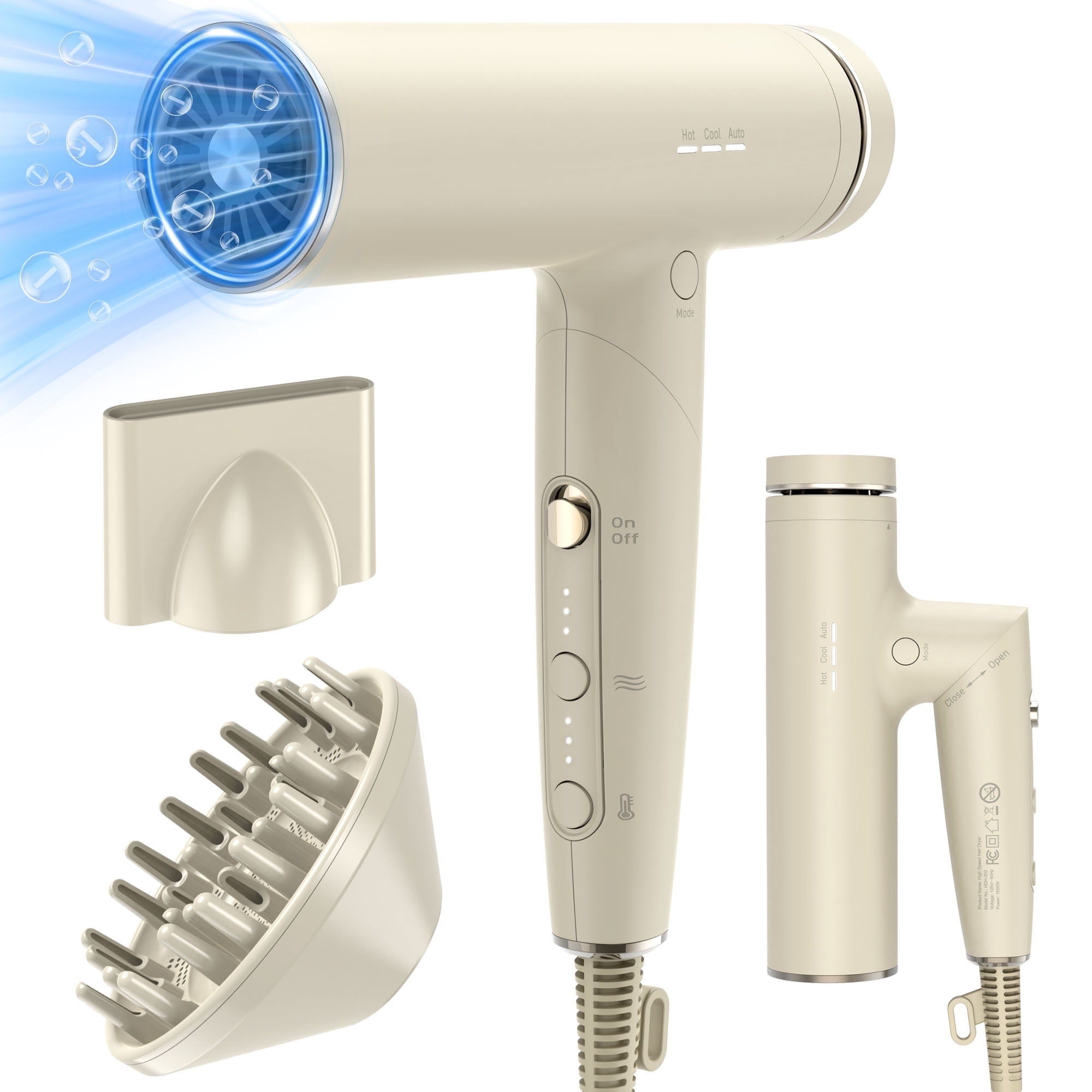1500W Foldable High-speed Hair Dryer with Diffuser and Nozzle, Travel Blow Dryer for Fast Drying Frizz Control, 120V