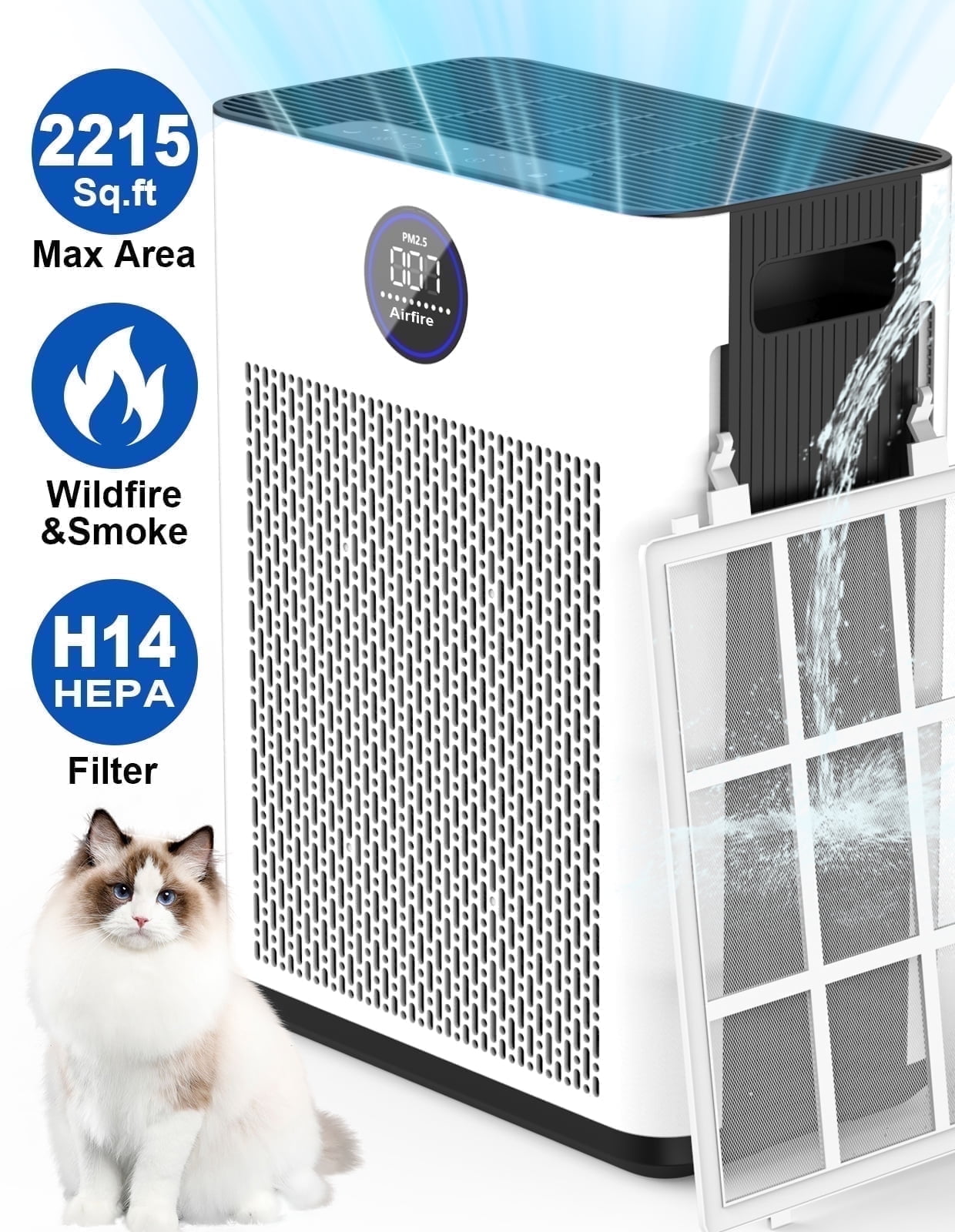 AIRFIRE H14 HEPA Air Purifiers for Home up to 2215 Sq.ft, Air Purifier for Allergies and Asthma, Pollen, Wildfire/Smoke, Pet Dander & Odor, Dust, AP304, White