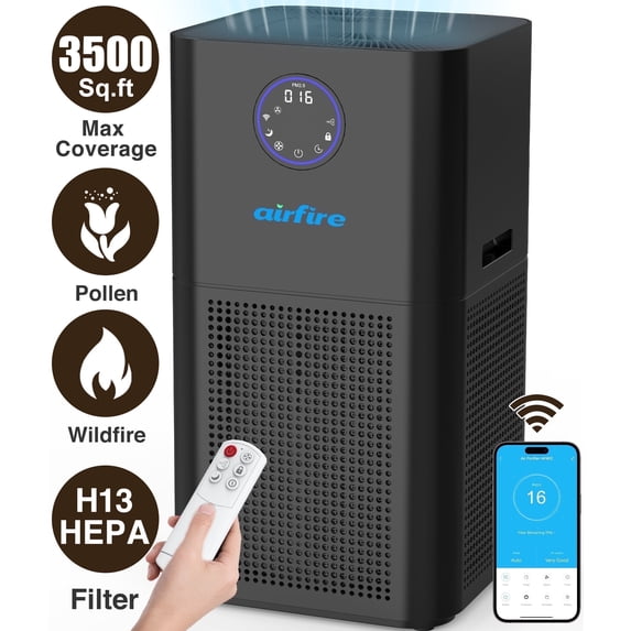 AIRFIRE HEPA Air Purifier for Large Rooms 3500 Sq.ft, WiFi Air Purifiers for Wildfire, Smoke, Pet Dander&Odor, Dust, Pollen, AP404, Black