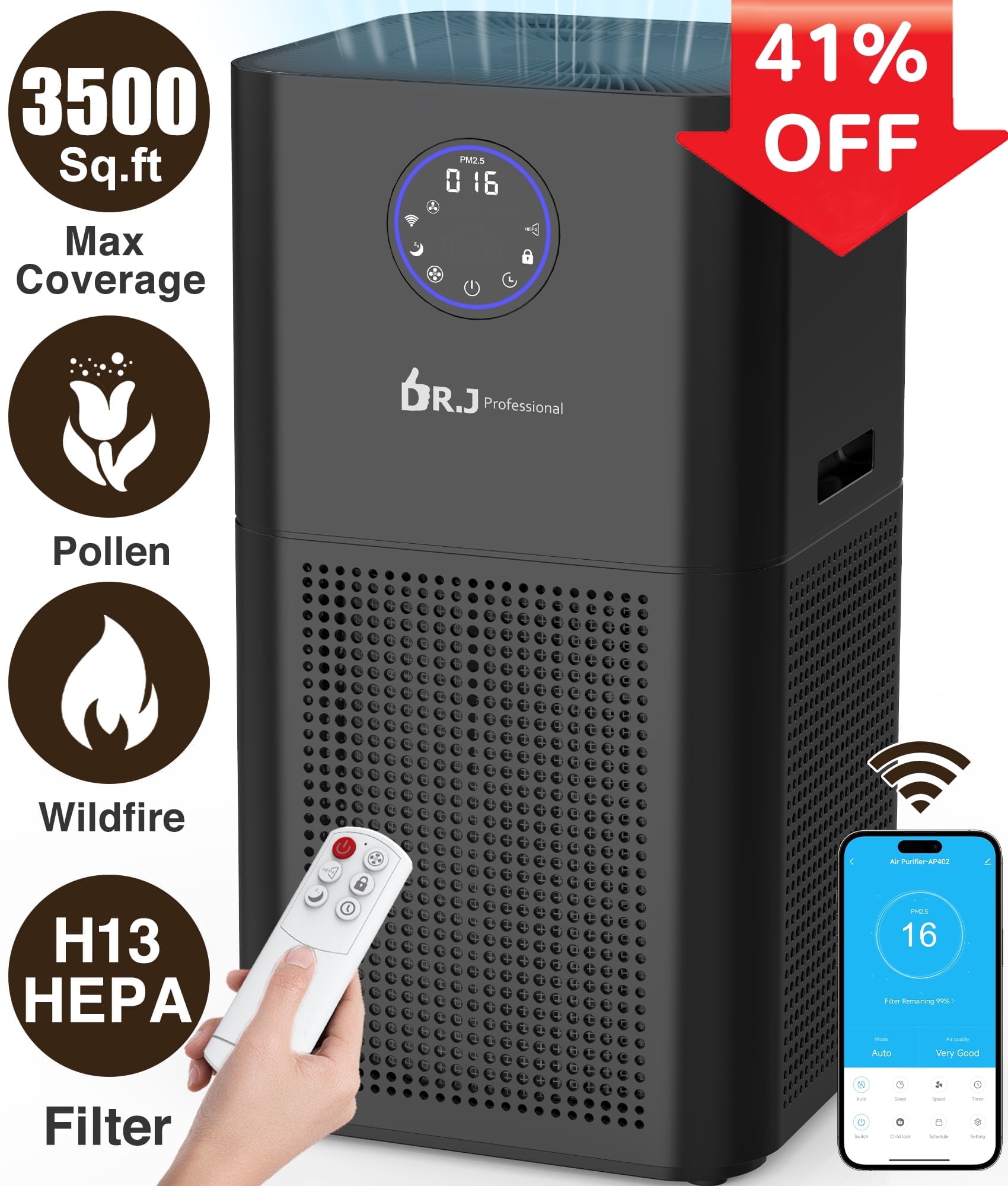 DR. J Professional HEPA Air Purifier for Large Rooms 3500 Sq.ft WiFi Air Purifiers for Wildfire Smoke Pet Dander Odor Dust Pollen Model AP404