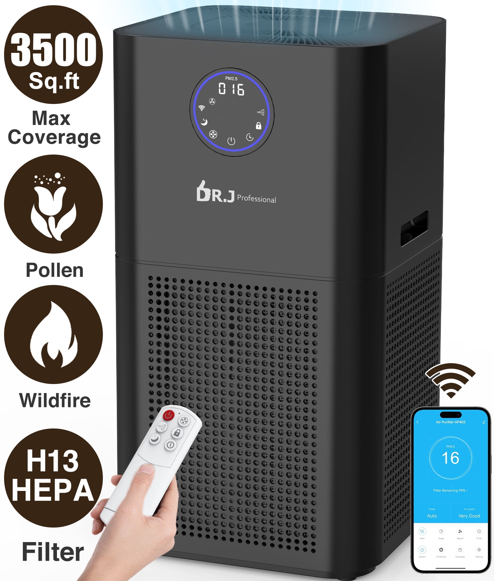 DR. J Professional HEPA Air Purifier for Large Rooms 2500 Sq.ft, WiFi Air Purifiers for Wildfire, Smoke, Pet Dander&Odor, Dust, Pollen