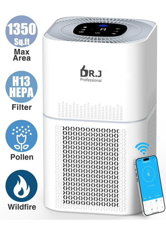 DR. J Professional HEPA Air Purifiers for Home up to 1350 Sq.ft, WiFi Air Purifiers for Allergies and Asthma, Pollen, Wildfire/Smoke, Pet Dander&Odor, Dust