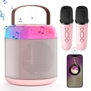 Mini Karaoke Machine with 2 Wireless Microphones, Portable Karaoke Singing System with LED Lights, Ideal Gifts for Home PartyPink