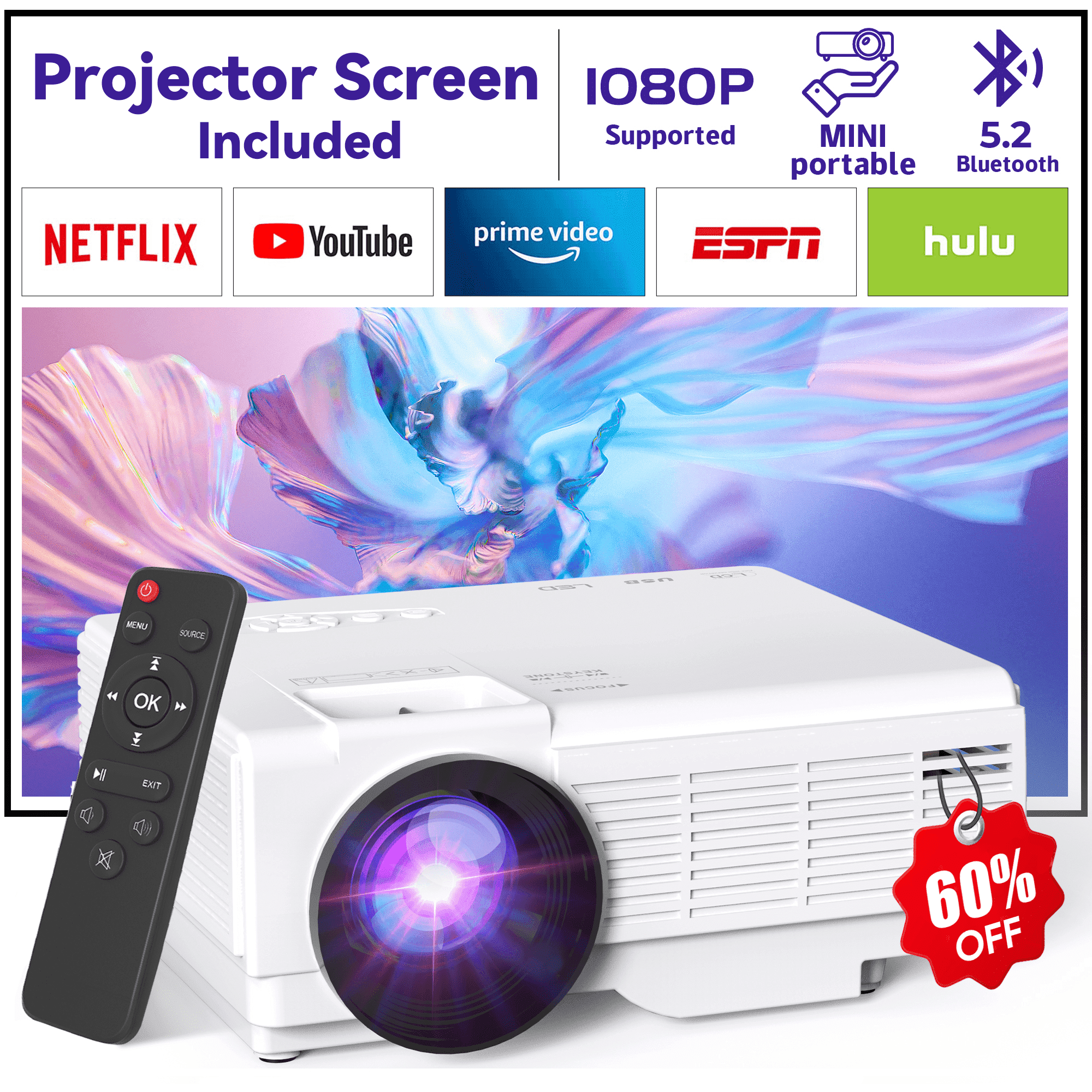 DR.J Pro Mini Projector, Bluetooth 5.1, 1080P HD, 170 DR.J Pro Mini Projector, Bluetooth 5.1, 1080P HD, 170