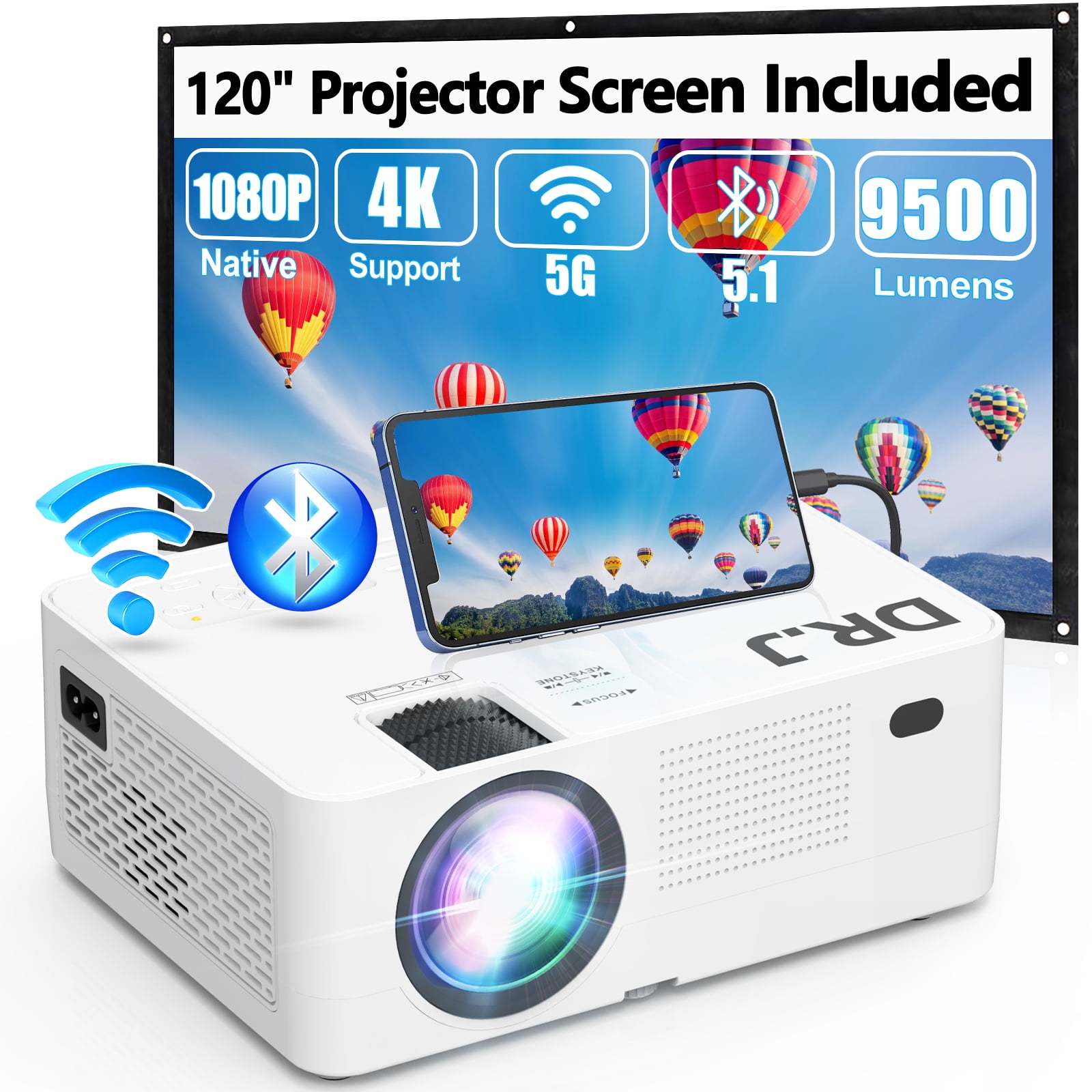 DR.J Professional Native 1080P 5G Wifi 250 Display Projector with  Bluetooth 5.1, Full HD 4K 9500Lumens Outdoor Movie Projector, 120 Screen  Included 