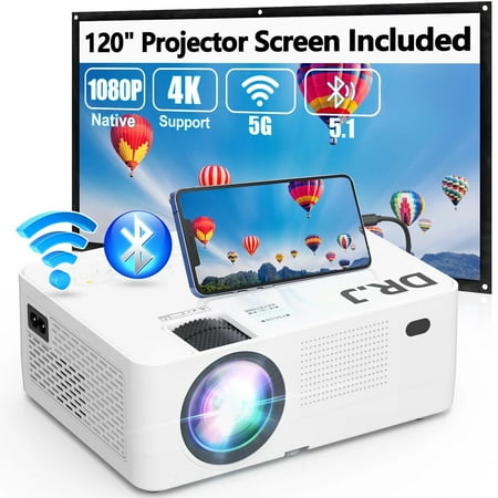 DR.J Professional Native 1080P 5G Wifi 250" Display Projector with Bluetooth 5.1, Full HD 4K Outdoor Movie Projector, 120" Screen Included