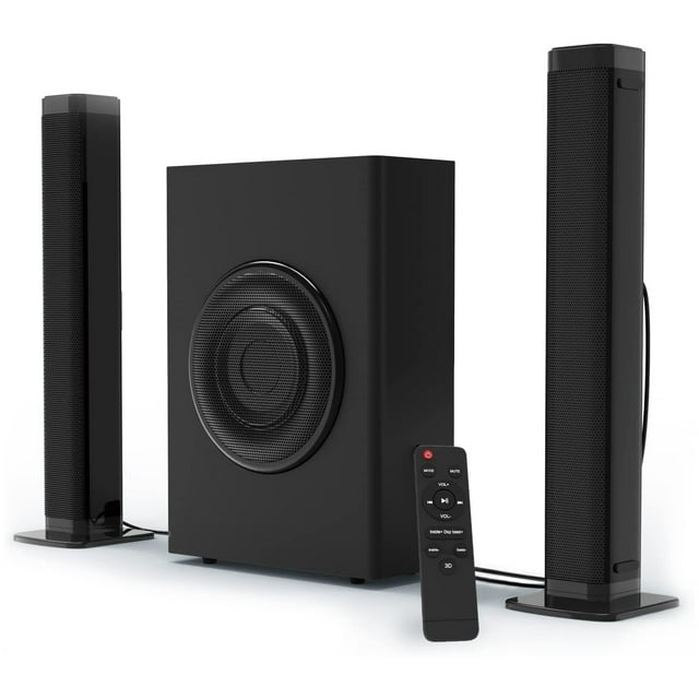 A setup of the two DR.J Professional Separable 2.1 CH Soundbars with one Subwoofer in the middle
