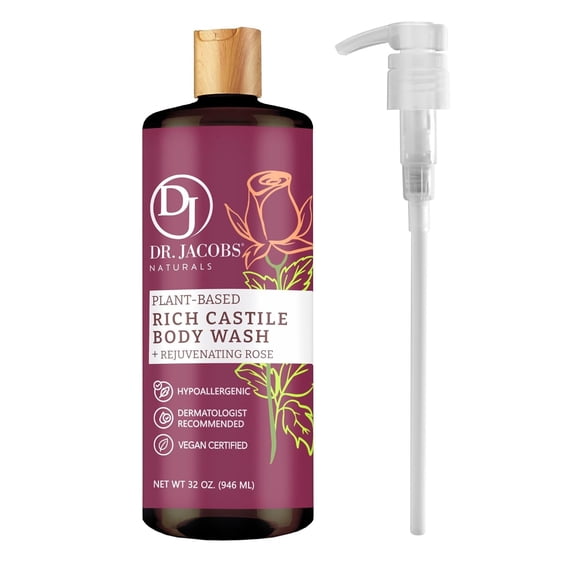 DR. JACOBS NATURALS Castile Rose All-Natural Body Wash for Moisturizing Dry and Sensitive Skin Shampoo 32 oz, with Pump