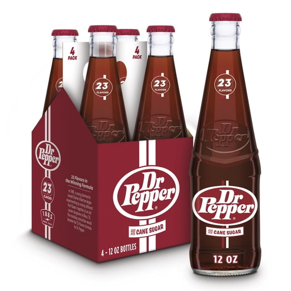 Dr Pepper Cane Sugar Soda 4 pk Glass Bottles, 12 oz