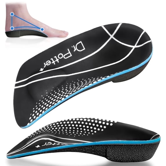 DR. POTTER+ 3/4 Plantar Fasciitis Insoles, High Arch Support Inserts for Flat Feet, Over-Pronation, Metatarsal Support Insoles (Size: Small)