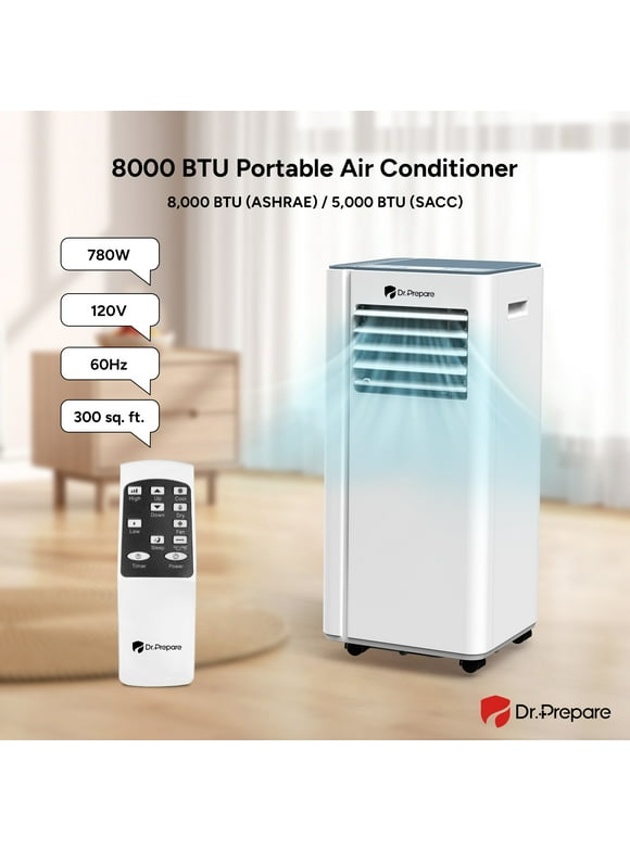 DR.PREPARE 4 in 1 Portable Air Conditioner 8000 BTU(ASHRAE)/5000 BTU (SACC)300Sq.ft, Room Air Conditioning, Portable AC Unit w/Remote Control, Cooling, Dehumidifier, 24H Timer, Fan & Sleep Modes,
