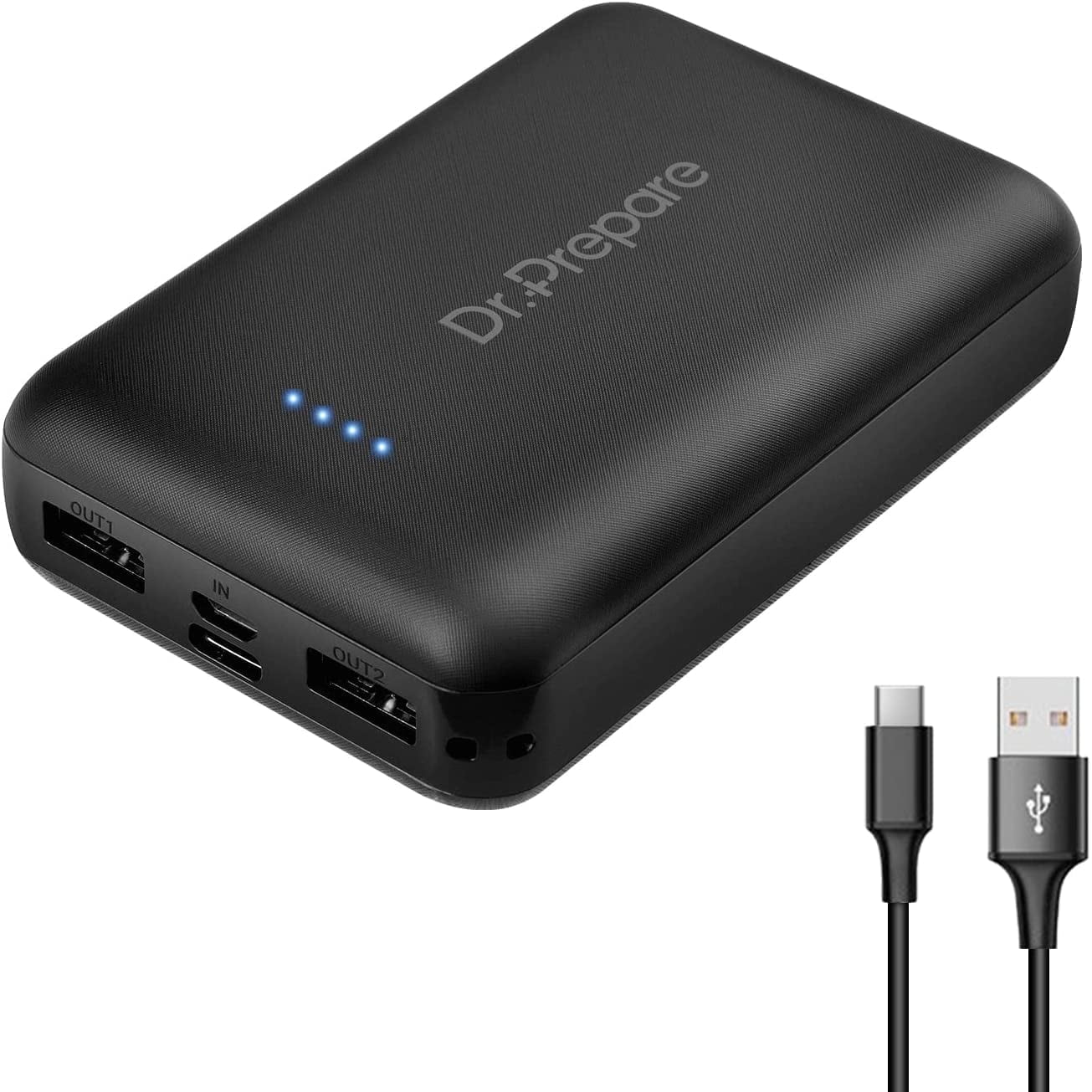 Dr. Prepare Compact Portable Lightweight 10000mAh Power Bank, Type-C Input & Android USB Output, Black