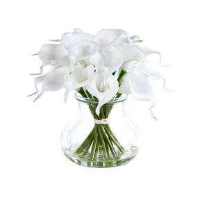 DR.Planzen 10.4in Artificial Calla Lily Flowers with Vase - 19-Bloom White Fake Flowers with Faux Water, Real Touch PU Floral Arrangement for Home Decor Wedding Office Table Centerpiece