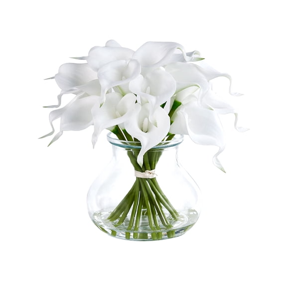 DR.Planzen 10.4in Artificial Calla Lily Flowers with Vase - 19-Bloom White Fake Flowers with Faux Water, Real Touch PU Floral Arrangement for Home Decor Wedding Office Table Centerpiece