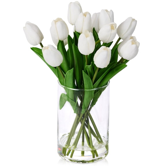 12in Artificial White Tulips Fake Flowers in Vase Real Touch Tulips Faux Tulips Bouquet with Glass Vase & Faux Water, Tulips Centerpiece for Spring Home Decor Dining Table Wedding Mothers Day