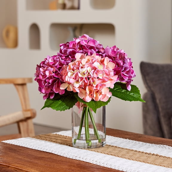 DR.Planzen 13in Artificial Hydrangea Flowers with Vase - Red and Pink Faux Hydrangea Flowers, Clear Glass Vase with Faux Water, Table Centerpiece for Home Decor, Office, Wedding Party