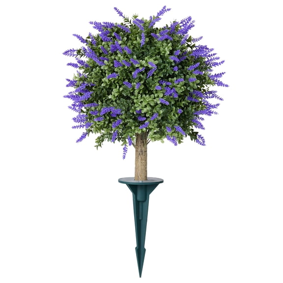 DR.Planzen 16'' Artificial Lavender Boxwood Topiary Ball Plant, Fake Scented Flowering Shrub with Ground Spike, UV Resistant Faux Outdoor Decor for Garden Porch Patio