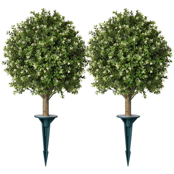DR.Planzen 2 Pack 20'' Artificial Boxwood Topiary Ball Plant with White Flowers, Fake Flowering Shrub with Ground Spike, UV Resistant Faux Outdoor Greenery for Garden Porch Decor