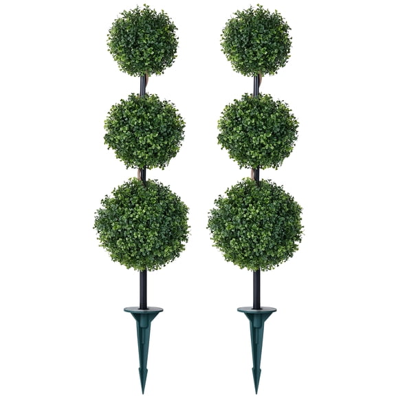 DR.Planzen 2 Pack 3 ft Artificial Boxwood Triple Ball Tree, Faux Topiary Plants, UV Resistant Outdoor Tree - 36in Porch Entryway Front Door Lawn Stake with Realistic PE Leaves & Metal Pole