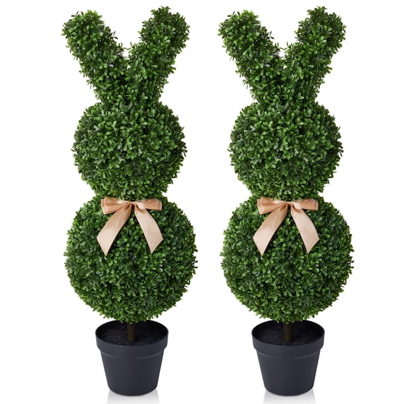 DR.Planzen 2 Pack 36'' Artificial Boxwood Easter Bunny Topiary, Green Spring Outdoor Indoor Decor