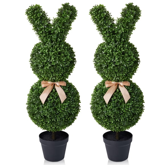 DR.Planzen 2 Pack 36'' Artificial Boxwood Easter Bunny Topiary, Green Spring Outdoor Indoor Decor