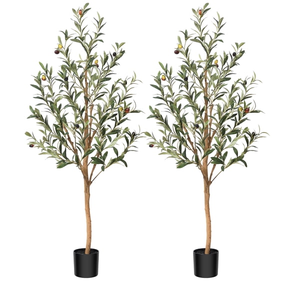 DR.Planzen 2 Pack 4ft Artificial Olive Tree Indoor, Tall Faux Olive Tree, Artificial Plants with Natural Wood Trunk and Lifelike Fruits for Home Office Decor