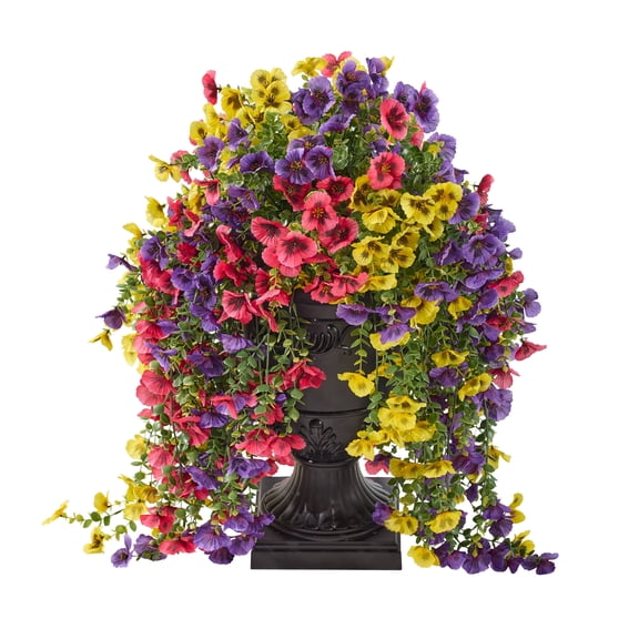 DR.Planzen 26in Artificial Pansy Flowers, Faux Hanging Flowers, Fake Outdoor Flowers, Pansy Arrangement - 660 Blooms in Black Urn Planter - Spring Decor for Covered Porch Patio Entryway