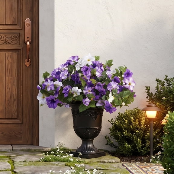DR.Planzen 28in Artificial Morning Glory Flowers Faux Flowers Potted Plants Porch Decor - 81 Purple White Blooms in Black Urn Planter - Indoor Covered Porch Decor for Entryway Patio Home Office