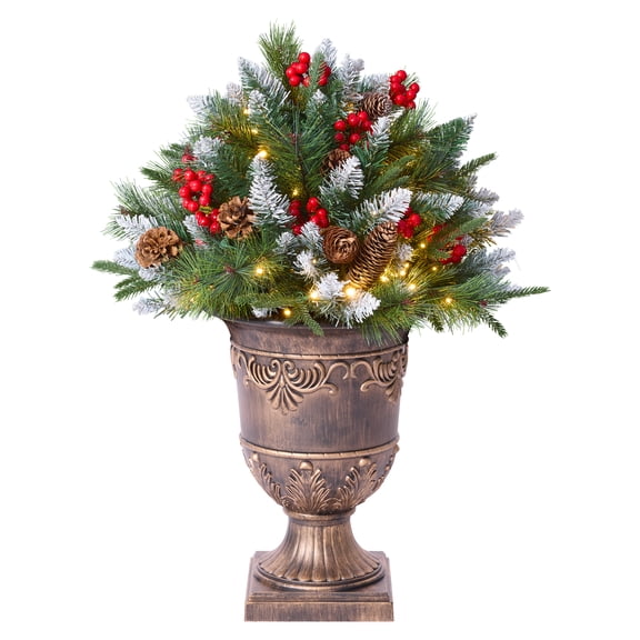 DR.Planzen 28in Pre-Lit Mini Artificial Christmas Tree with Urn Base, 8 Lighting Modes LED, Flocked Branches with Pinecones Red Berries for Front Porch Entrance Home Holiday Decorations