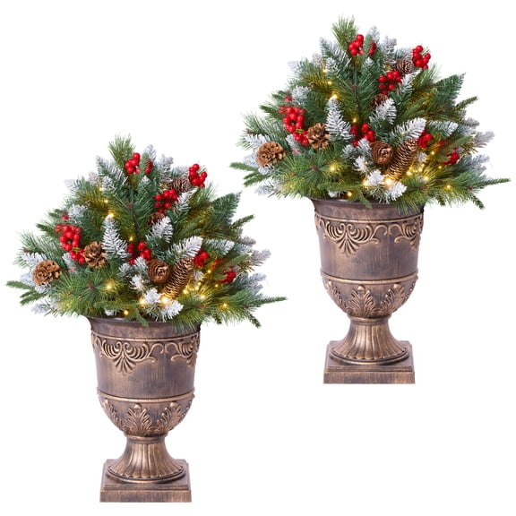 DR.Planzen 2 Pack 28in Pre-Lit Mini Artificial Christmas Tree with Urn Base, 8 Lighting Modes LED, Flocked Branches with Pinecones Red Berries for Front Porch Entrance Home Holiday Decorations