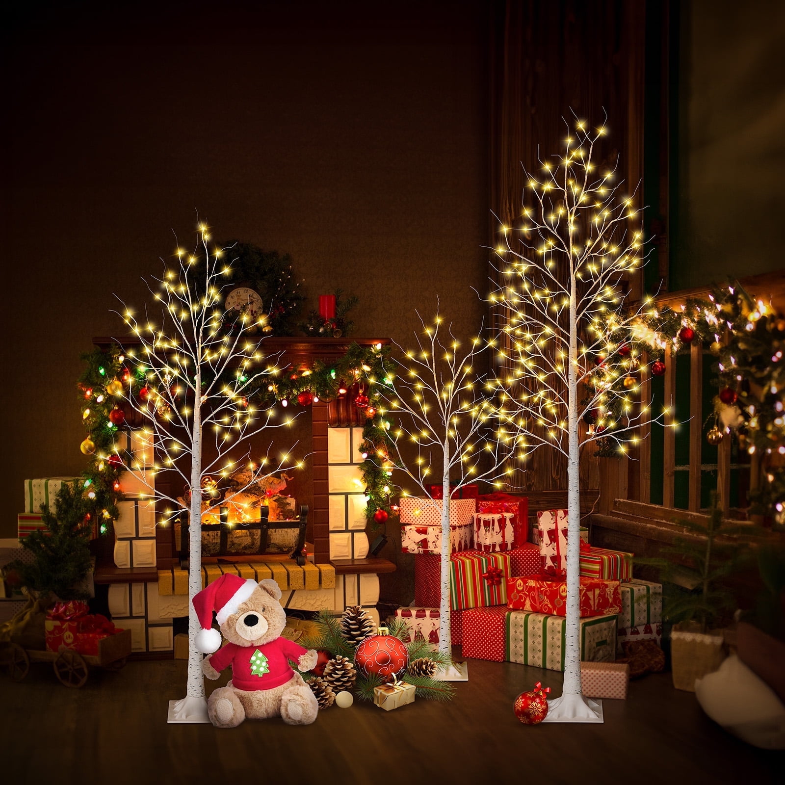 DR.Planzen 3-Pack LED Birch Tree Set with Warm White Lights: 4ft, 6ft & 8ft Artificial Christmas Trees for Indoor/Outdoor Christmas & Wedding Decor