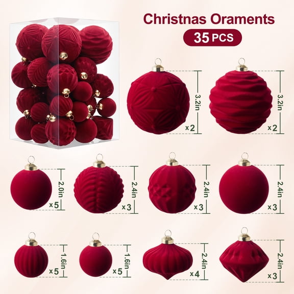 DR.Planzen 30ct Assorted Sizes Wine Red Flocked Christmas Ornaments, Mixed 3" & 2" & 1.5" Shatterproof Holiday Balls for Indoor Tree Decor