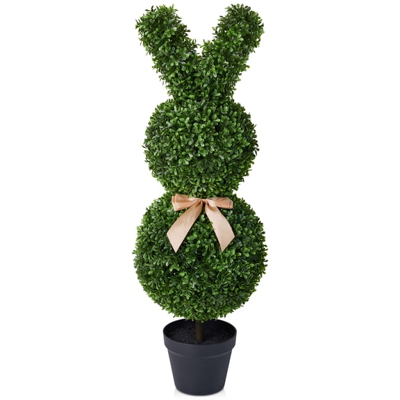 DR.Planzen 3ft Easter Rabbit Shaped Topiary Trees, High Artificial Boxwood with Swaying Ears & Brown Bow Tie, UV-Resistant for Indoor & Outdoor Decor