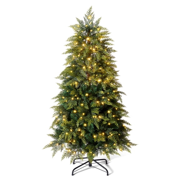 DR.Planzen 4.5FT Pre Lit Cedar Christmas Tree - Realistic PE PVC Branches, 200 Warm White LED Lights, Artificial Christmas Tree with Sturdy Iron Stand for Living Room Holiday Decor