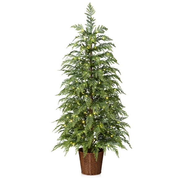 DR.Planzen 4' Pre-Lit Green Cypress Artificial Christmas Potted Tree with 100 Warm White Twinkle LED Lights, Indoor Tabletop Holiday Decoration in Woven Basket Base