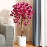 DR.Planzen 4 feet Artificial Bougainvillea Flowers Tree In Black Plastic Pot, Indoor Plants with Wood Trunk and Pink Flowers for Housewarming Decor
