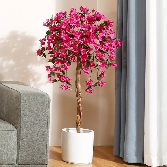 DR.Planzen 4 feet Artificial Bougainvillea Flowers Tree In Black Plastic Pot, Indoor Plants with Wood Trunk and Pink Flowers for Housewarming Decor