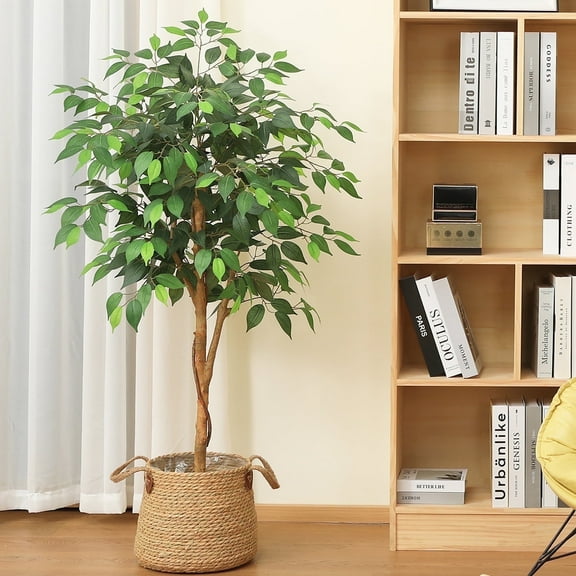 DR.Planzen 4 feet Artificial Ficus Tree, Tall Lifelike Greenery with Natural Wood Trunk for Living Room, office floor and corner decor