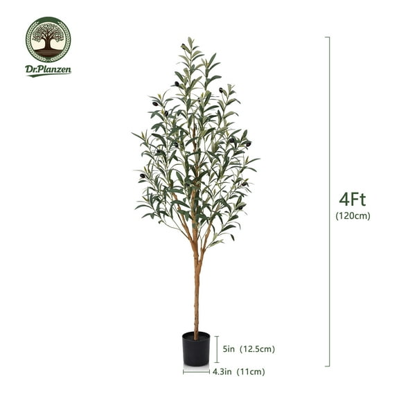 DR.Planzen 4' Artificial Olive Tree Indoor, Tall Faux Olive Tree, Artificial Plants with Natural Wood Trunk and Lifelike Fruits for Home Office Decor