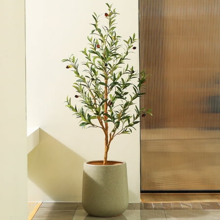 DR.Planzen 4ft Artificial Olive Tree Indoor, Faux Olive Tree, Artificial Plants with Natural Wood Trunk and Lifelike Fruits for Home Office Decor