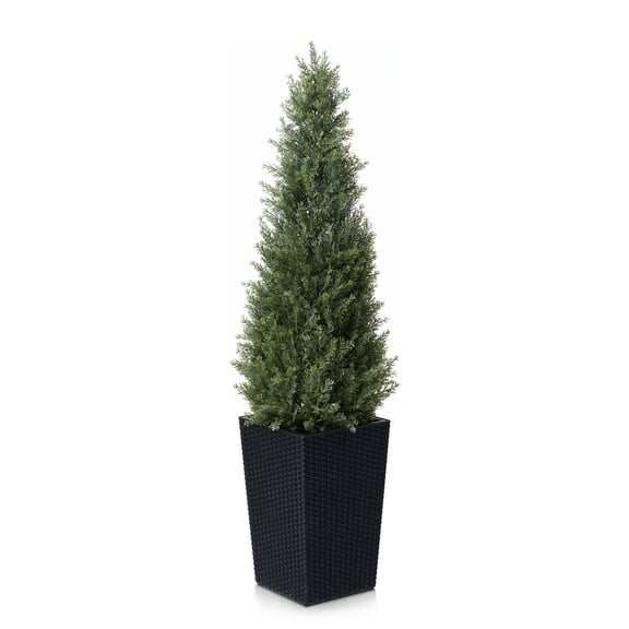 DR.Planzen 4ft Artificial Cedar Topiary Tree with Black Planter - UV Resistant Faux Cypress Tree for Porch Decor Fake Pine Tree for Perfect Housewarming Gift