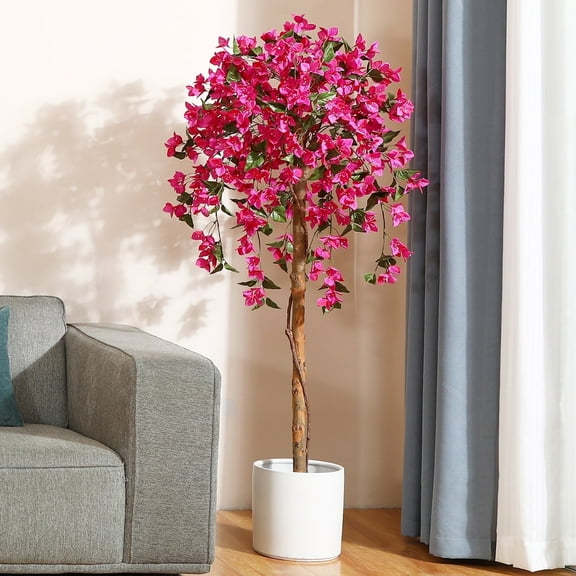 DR.Planzen 5 feet Artificial Bougainvillea Flowers Tree In Black Plastic Pot, Indoor Plants with Wood Trunk and Pink Flowers for Housewarming Decor