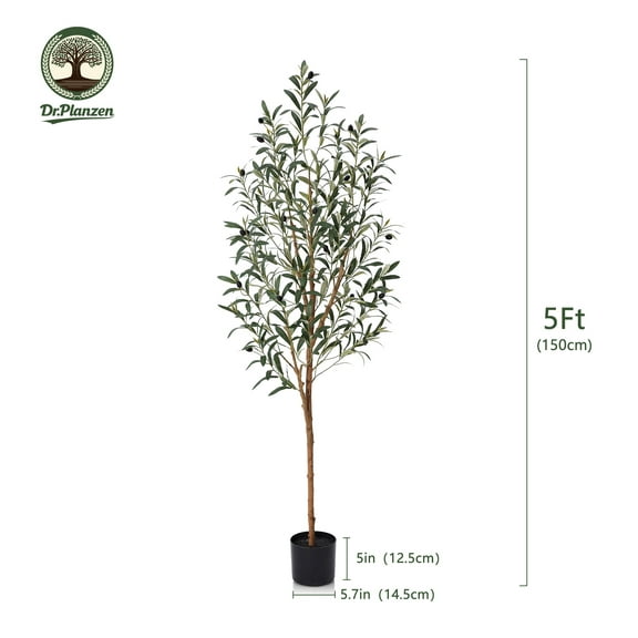 DR.Planzen 5' Artificial Olive Tree Indoor, Tall Faux Olive Tree, Artificial Plants with Natural Wood Trunk and Lifelike Fruits for Home Office Decor