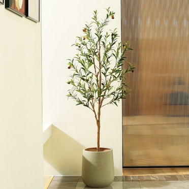 DR.Planzen 5 feet Artificial Olive Tree Indoor, Tall Faux Olive Tree in Black Plastic Pot, Artificial Plants with Natural Wood Trunk and Lifelike Fruits for Home Office Decor