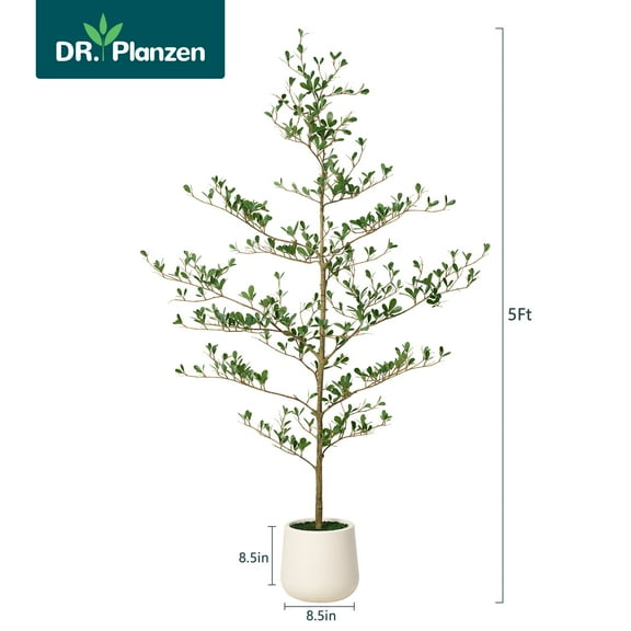 DR.Planzen 5FT Artificial Black Olive Tree with UV-Resistant Silk Leaves & White Planter, Tall Artificial Plant for Home Office Indoor Outdoor Decor