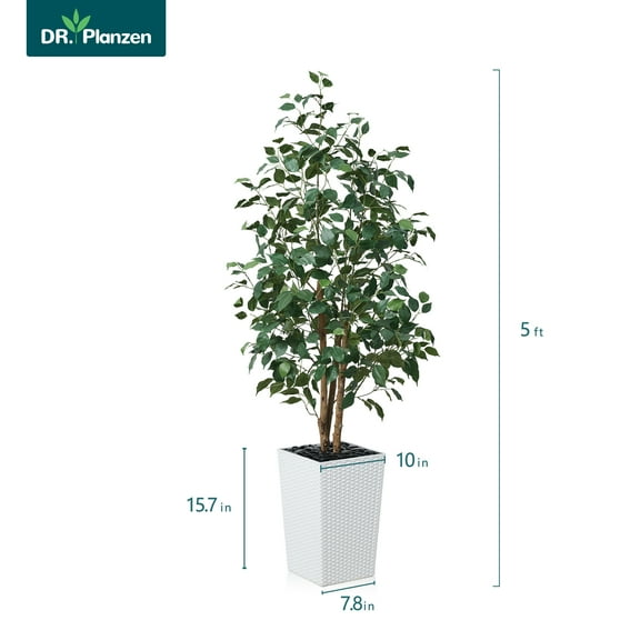 DR.Planzen 5FT Artificial Ficus Tree with White Tall Planter, Realistic Silk UV-Resistant Leaves & Natural Wood Trunk for Home Office Decor, Tall Indoor Outdoor Faux Plant Low Maintenance House Decor