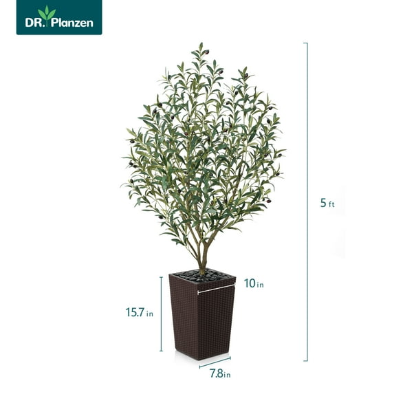 DR.Planzen 5ft Artificial Olive Tree with Coffe Tall Planter, Realistic Silk Leaves UV Resistant Faux Indoor Outdoor Plant for Home Office House Decor