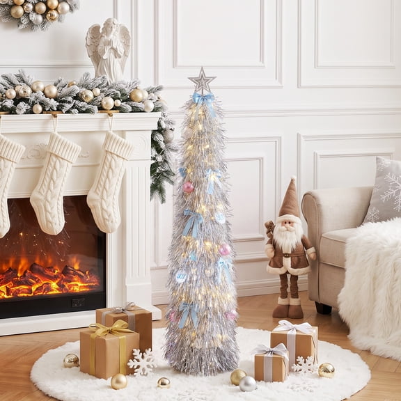 DR.Planzen 5ft Pop Up Christmas Tinsel Tree, Pre Lit Slim Christmas Tree, Silver LED Pencil Tree with 50 Warm White Lights, Star Topper & Ornaments Set, Collapsible Holiday Decor