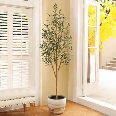 DR.Planzen Exquisite Olive Tree 6 ft Indoor Outdoor Artificial, Tall Faux Olive Tree in Black Plastic Pot, Artificial Plants with Natural Wood Trunk and Lifelike Fruits for Home Office Garden Decor