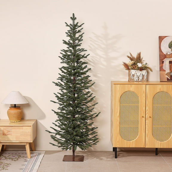 Artificial Pencil Christmas Tree 6ft PE Realistic Unlit Green - Full Branches Easy Assembly with Durable Metal Stand - Holiday Indoor Decoration for Family Home Reusable Flame Retardant